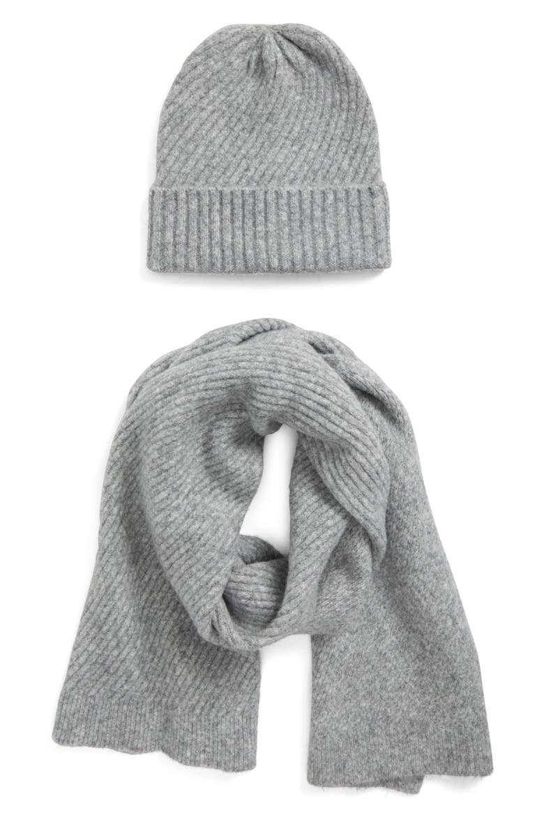 Ribbed Heather 2-Piece Beanie & Scarf Set, Main, color, LIGHT GREY HEATHER