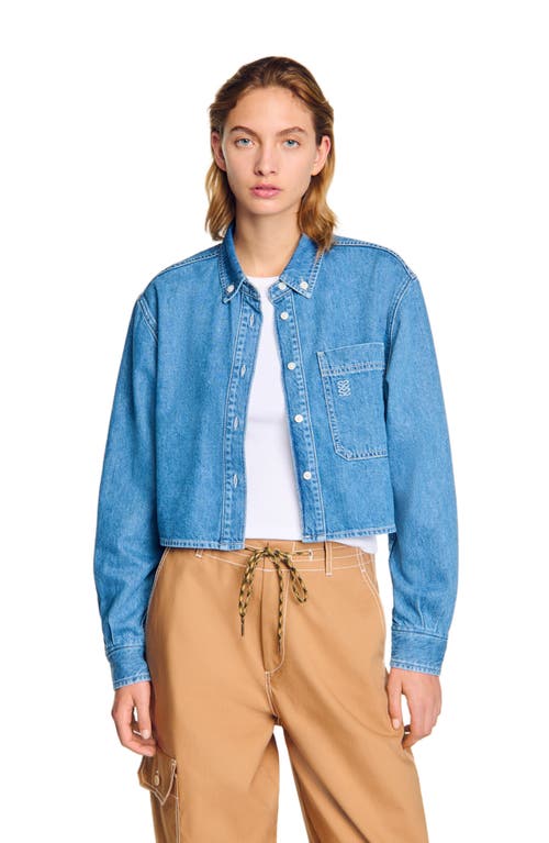 Sandro Denim Cropped Shirt In Blue Jean