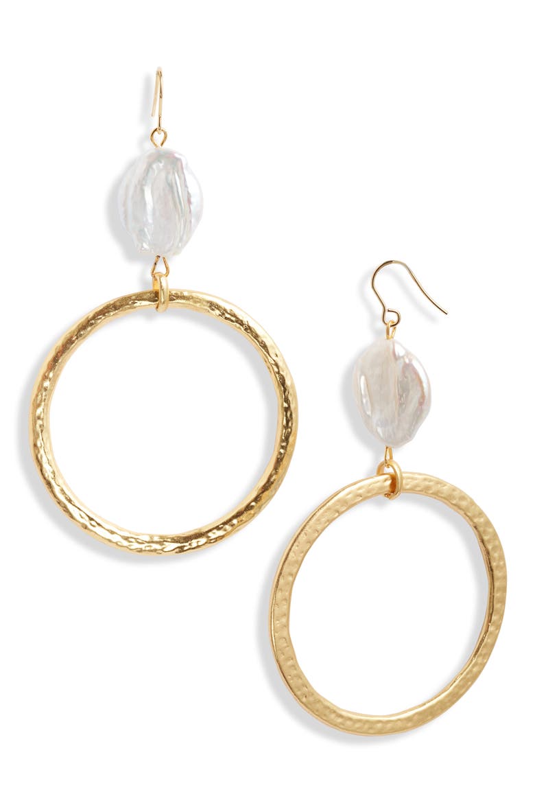 Cultured Pearl Hoop Drop Earrings, Main, color, GOLD