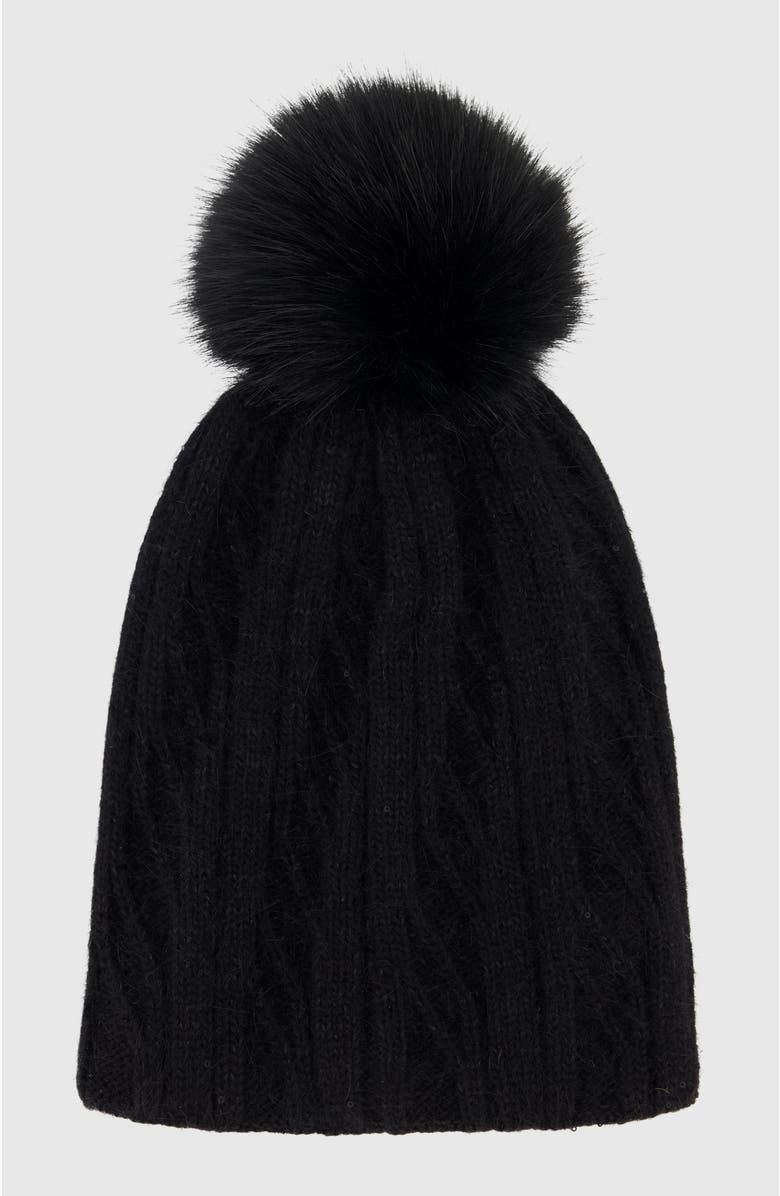Lyla Grant Beanie With Fur-Free Fox (Faux Fur) Pompom, Alternate, color, Black/Black