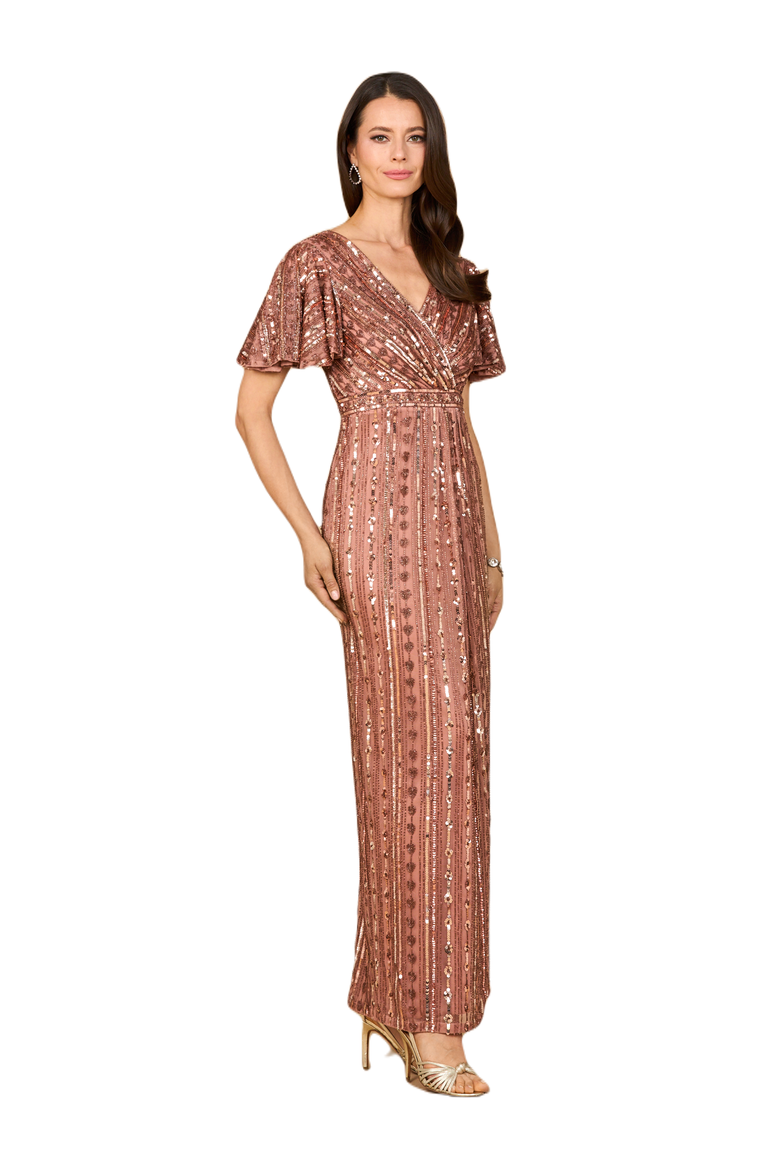 Beaded Gown with Flutter Sleeves, Alternate, color, Bronze