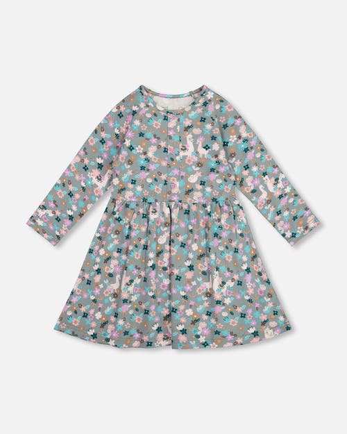 Deux Par Deux Half Button Organic Cotton Dress Llama In Multi