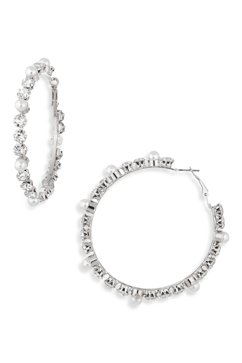 Faux Pearl & Crystal Hoop Earrings, Main, color, SILVER CRYSTAL IVORY