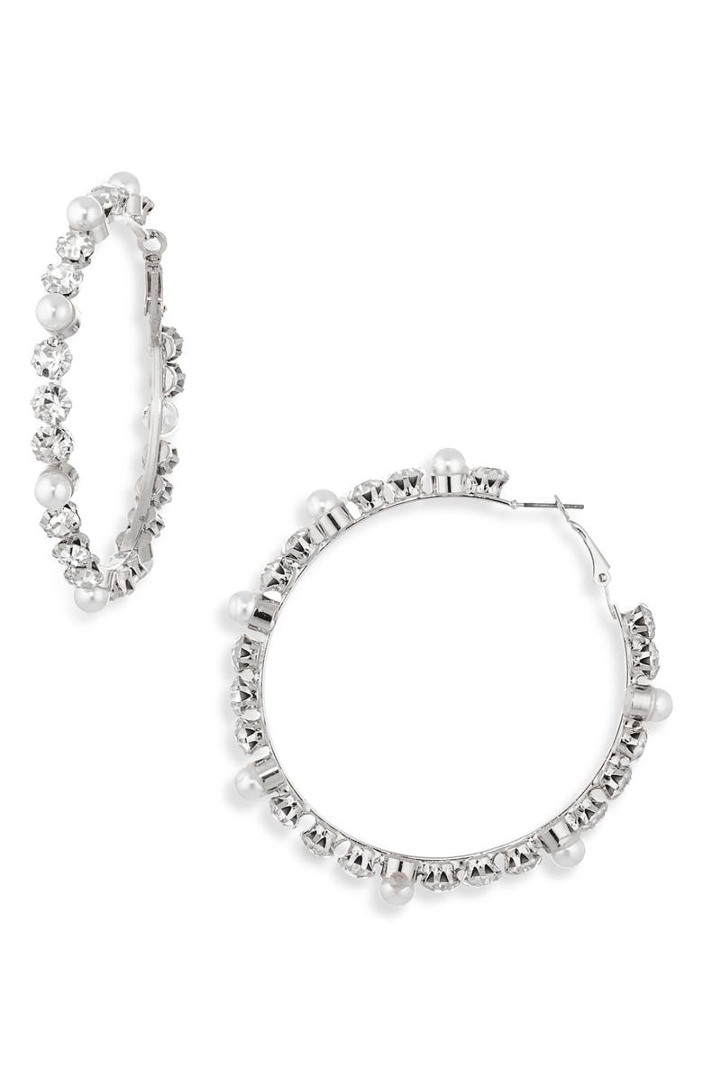 Tasha Faux Pearl & Crystal Hoop Earrings, Main, color, Silver Crystal Ivory
