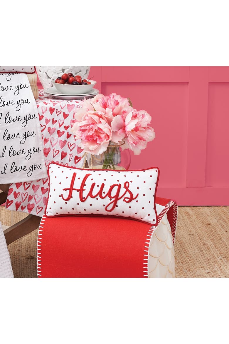"Hugs" w/ Dots Mini Red Woven Valentine's Day Accent Pillow 6" x 12", Alternate, color, Red