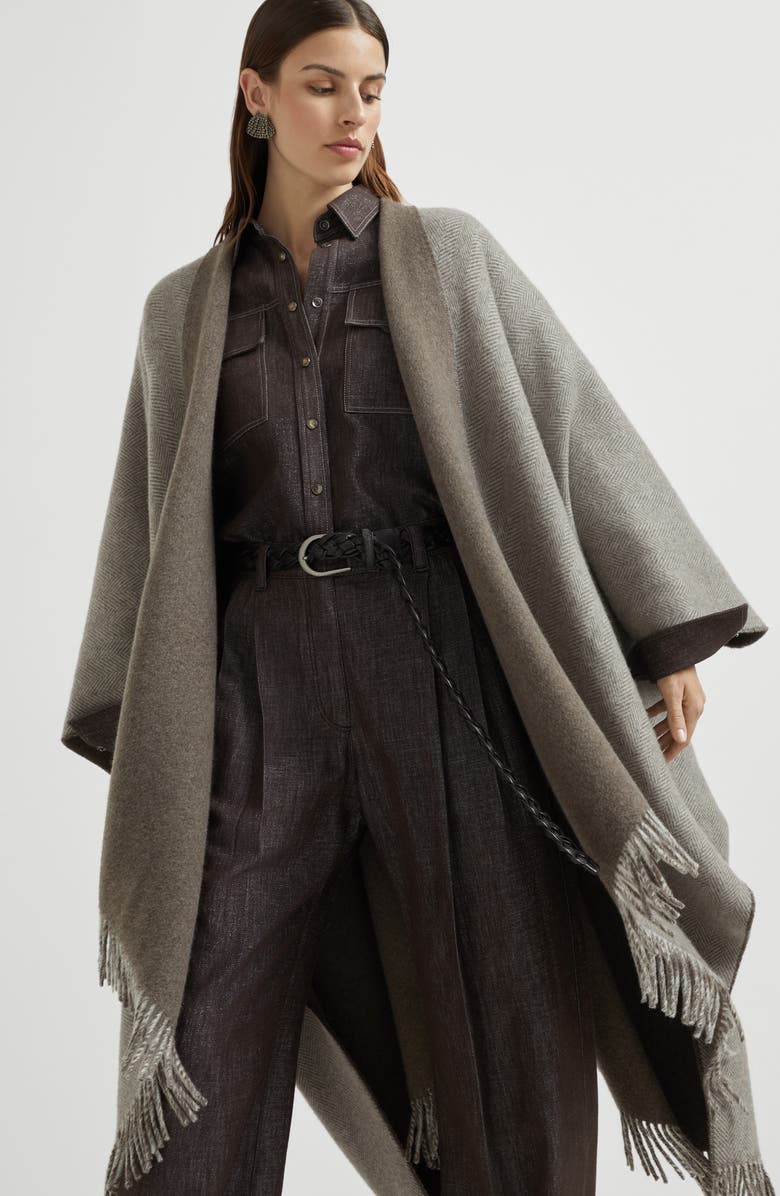Brunello Cucinelli Cashmere flannel poncho, Alternate, color, Light Brown