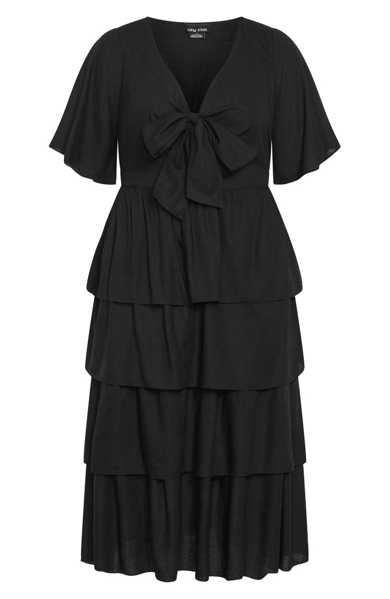 City Chic Maya Tie Front Tiered Midi Dress, Alternate, color, Black