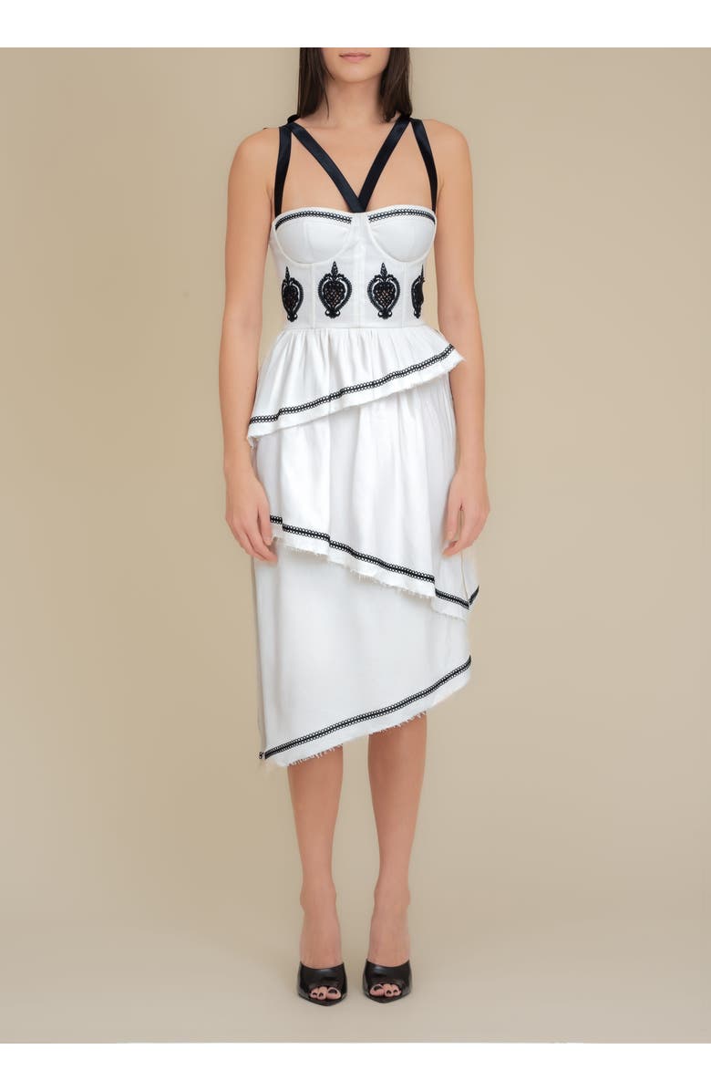 Contessa Mills Bridget Embroidered Stretch-Linen Midi Dress, Alternate, color, White