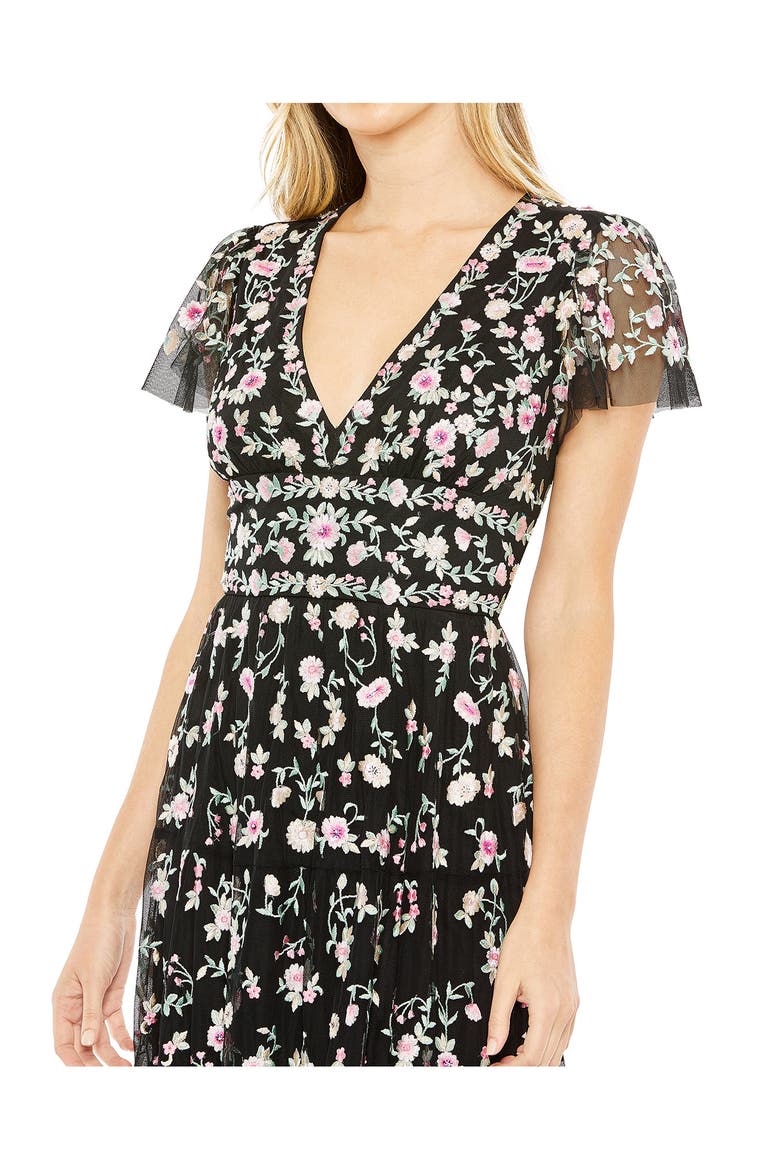Embroidered V Neck Cap Sleeve Midi Dress, Alternate, color, BLACK MULTI
