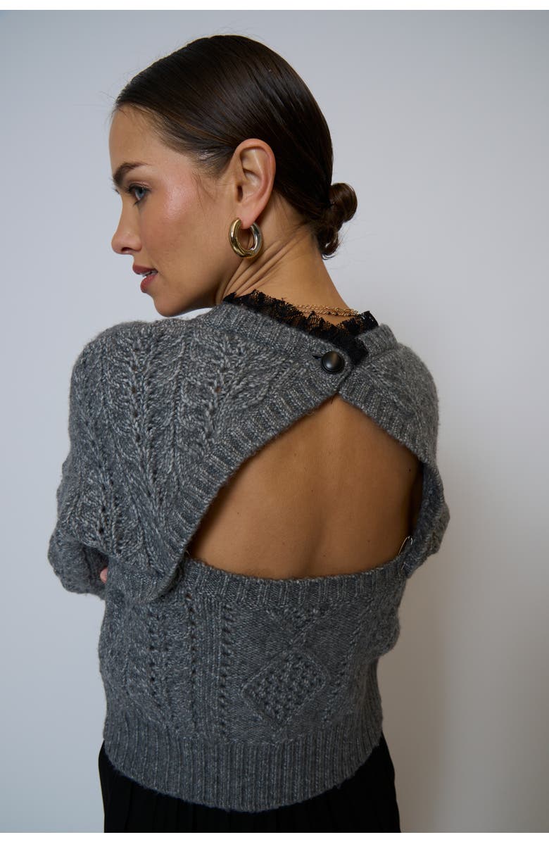 Central Park West Celeste Lace Trim Cable Pullover, Alternate, color, Charcoal