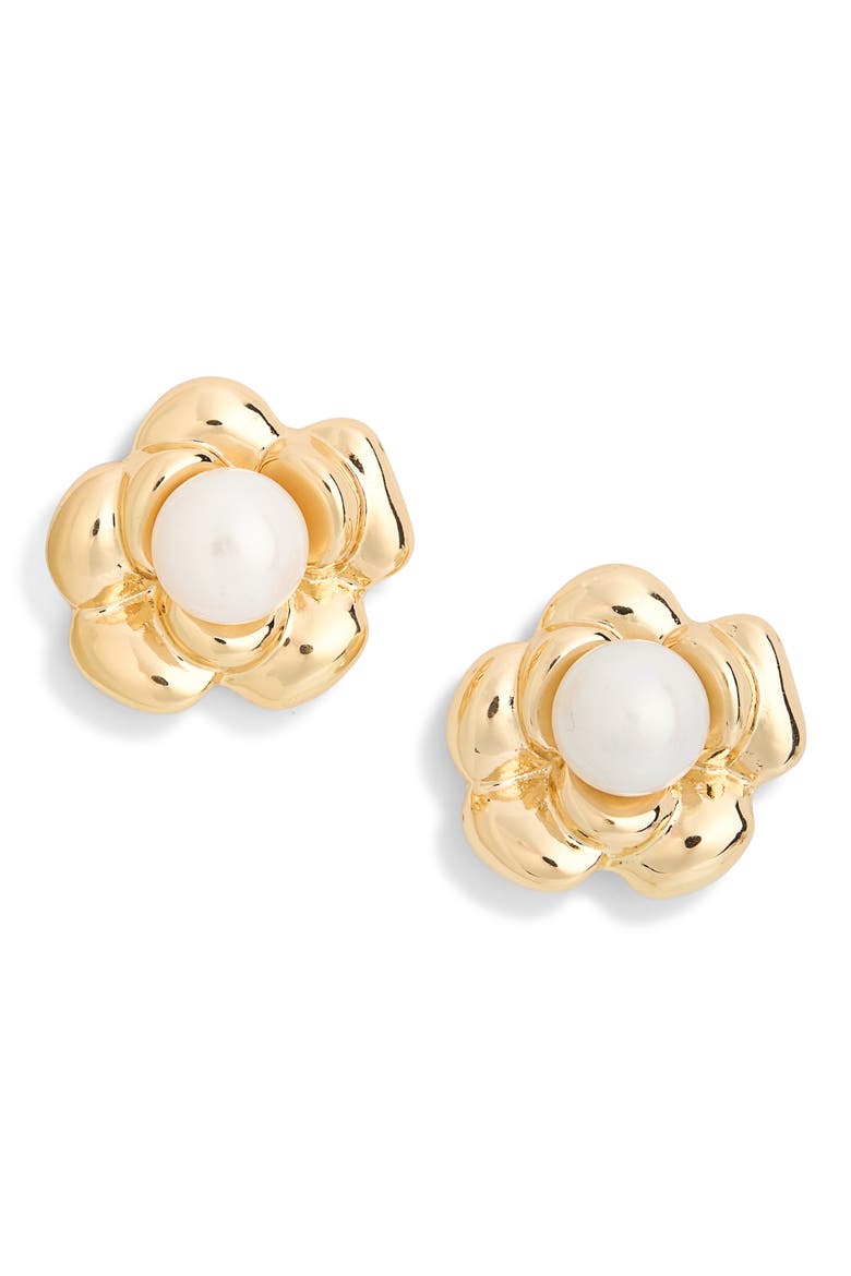 Faux Pearl Flower Stud Earrings, Main, color, GOLD