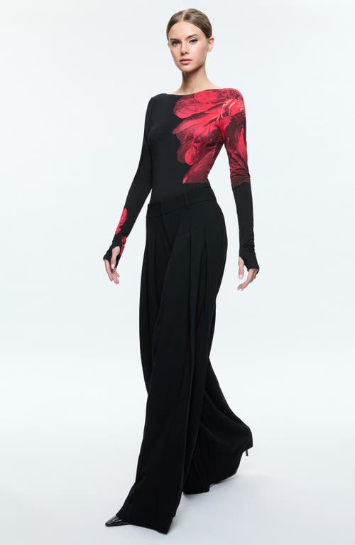 Alice And Olivia Masako Long Sleeve Open Back Bodysuit With Thumbholes In Peony Petals Bright Ruby