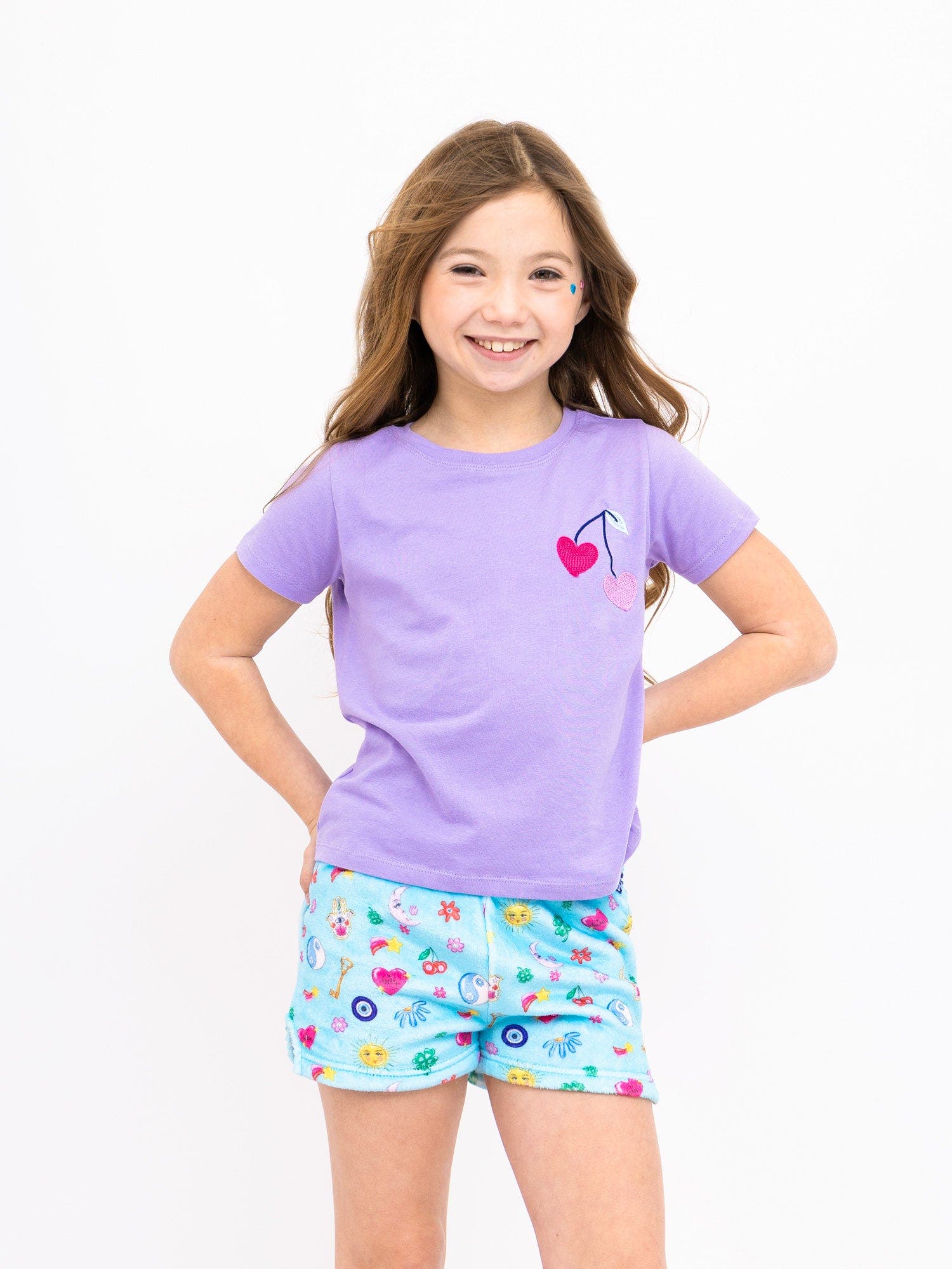 Preppy Goose Cherry Heart Embroidered Short Sleeve T-Shirt in Lavender 