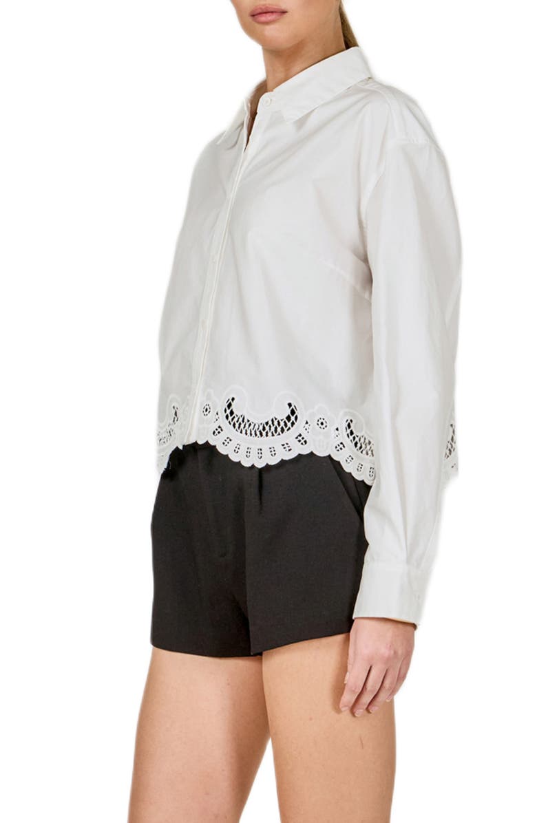 Endless Rose Embroidered Hem Button-Up Shirt, Alternate, color, White