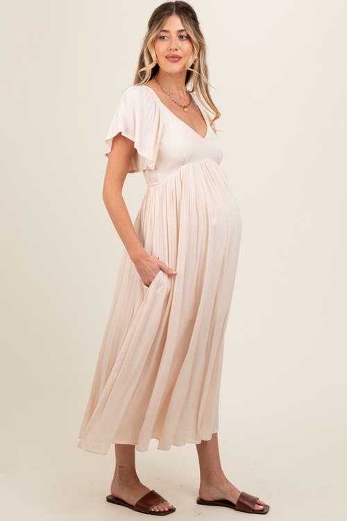 Pinkblush V-neck Flutter Short Sleeve Midi Dress In Neutral