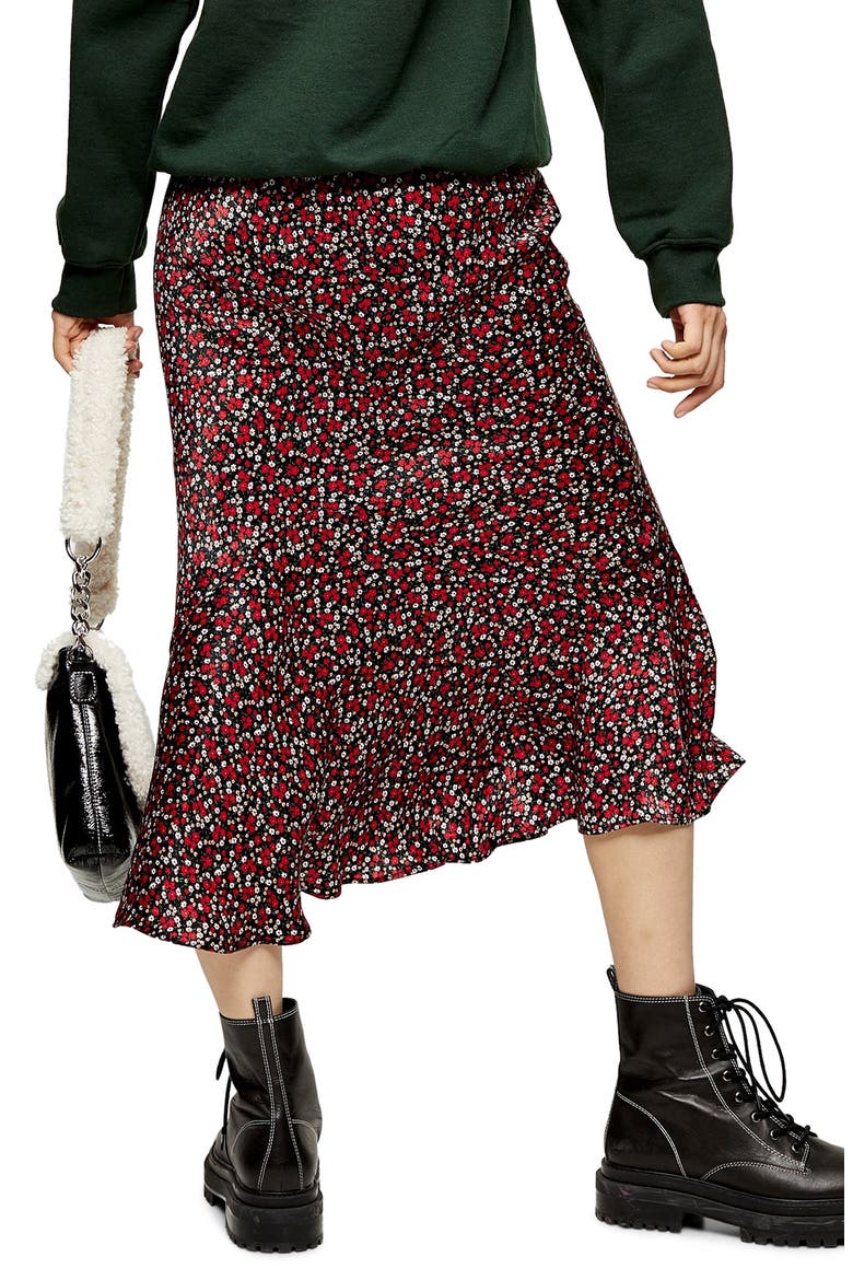 Ditsy Floral Flounce Midi Skirt, Alternate, color, RED MULTI