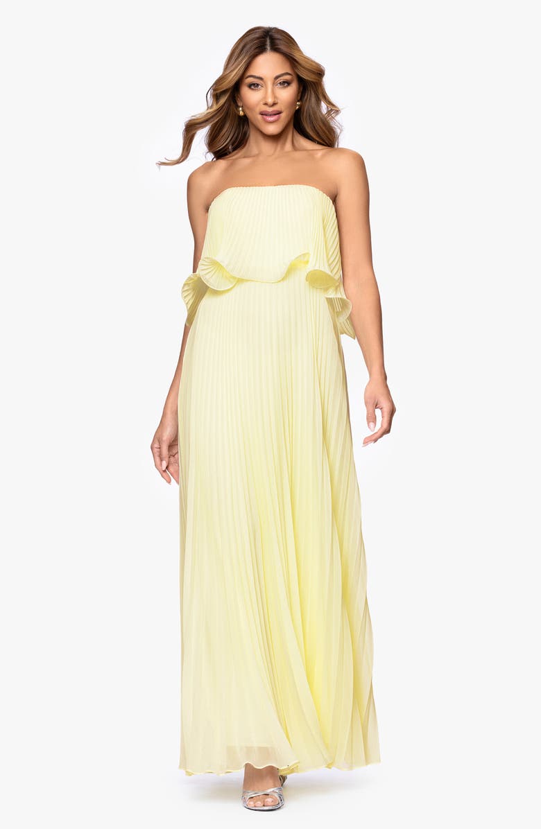 Betsy & Adam Pleated Strapless Chiffon Gown, Alternate, color, Butter