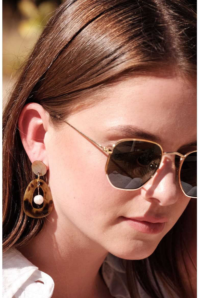 Mother-of-Pearl Hollow Earrings with Inner Pearl, Alternate, color, Brown