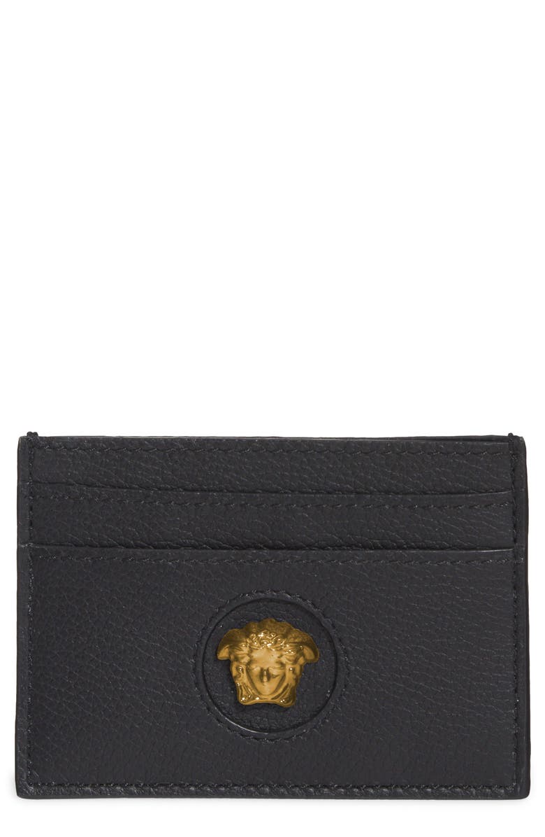 Versace Medusa Leather Card Case, Main, color, Black-Versace Gold