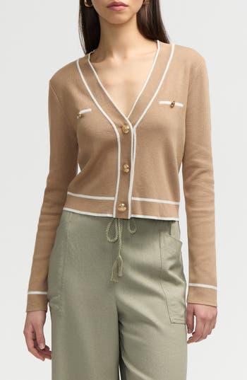 Nvlt Stripe Crop Cardigan In Camel/white