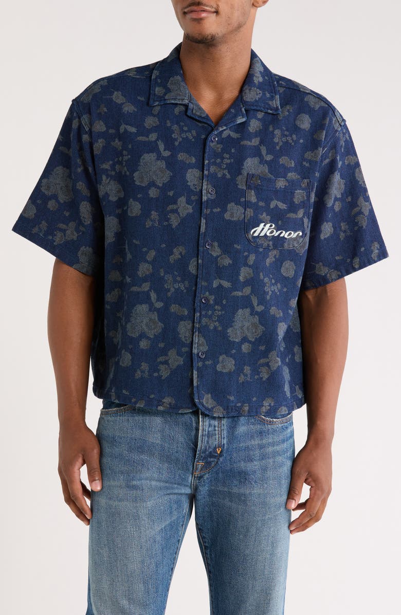 HONOR THE GIFT Floral Indigo Twill Camp Shirt, Main, color, Blue