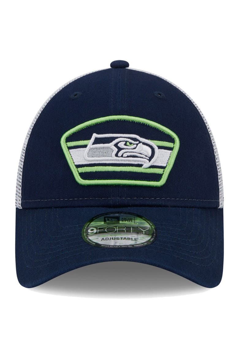 Men's New Era College Navy/White Seattle Seahawks Logo Patch Trucker 9FORTY Snapback Hat, Alternate, color, Navy