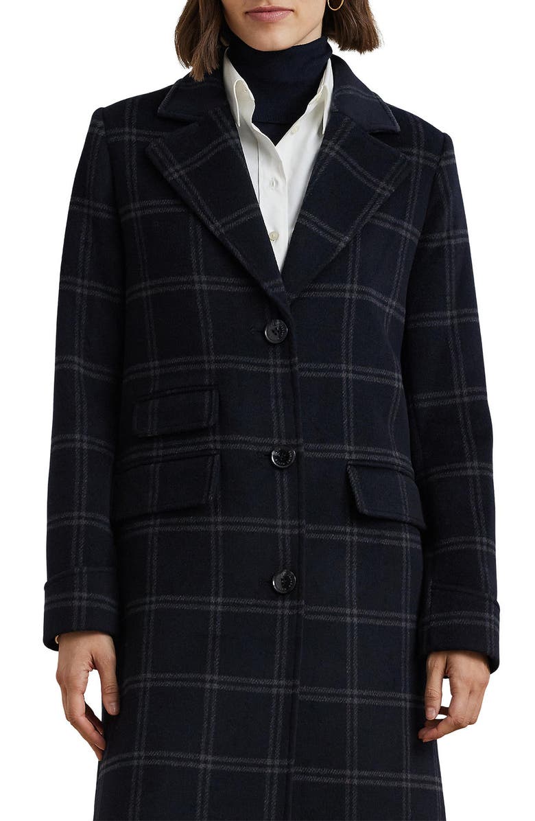 Lauren Ralph Lauren Windowpane Plaid Longline Wool Blend Reefer Coat, Alternate, color, 
