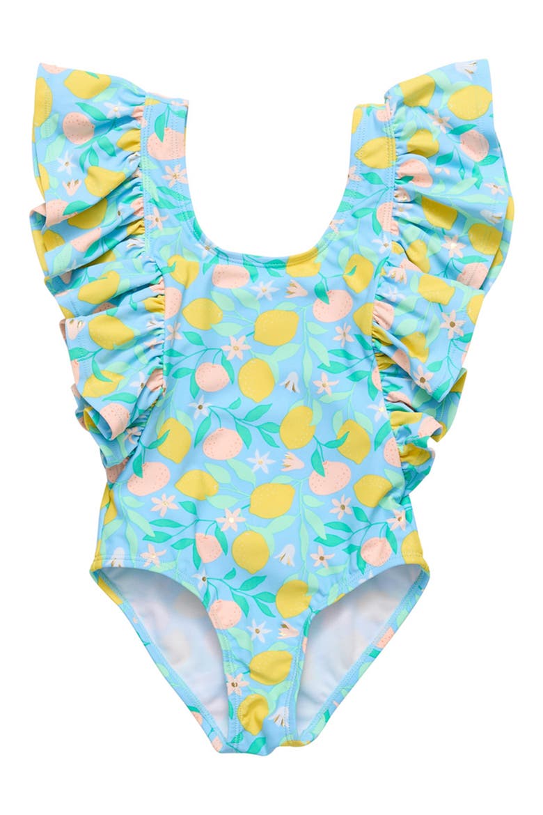 Kids' Lemon Drops Ruffle One-Piece Swimsuit, Main, color, BLUE MULTI