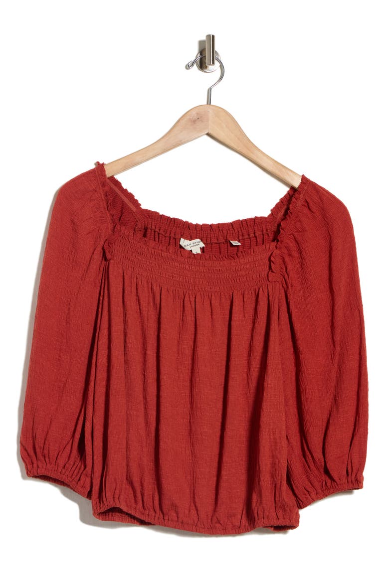 Crinkled Balloon Sleeve Bubble Hem Top, Alternate, color, TERRACOTTA