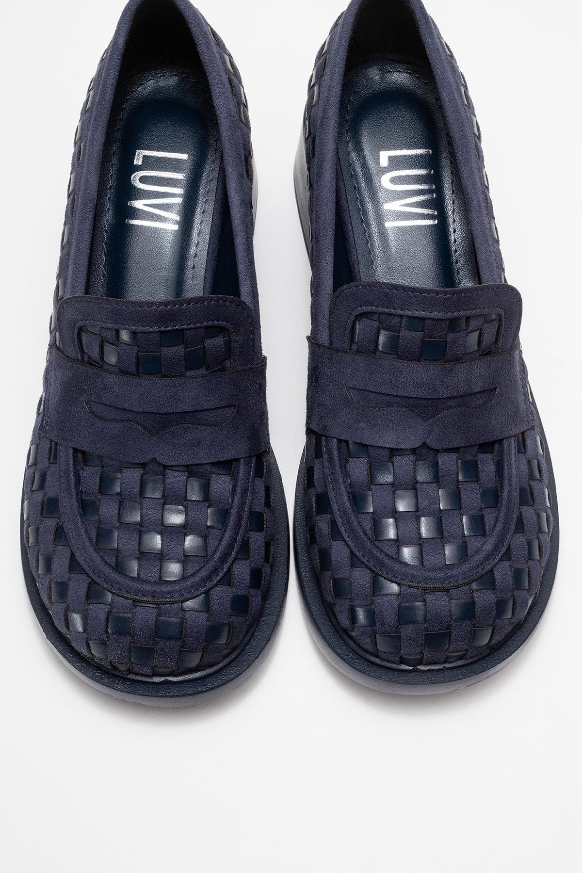 Prologue Shoes Marlon Woven Block Heel Loafer, Alternate, color, Navy Faux Leather