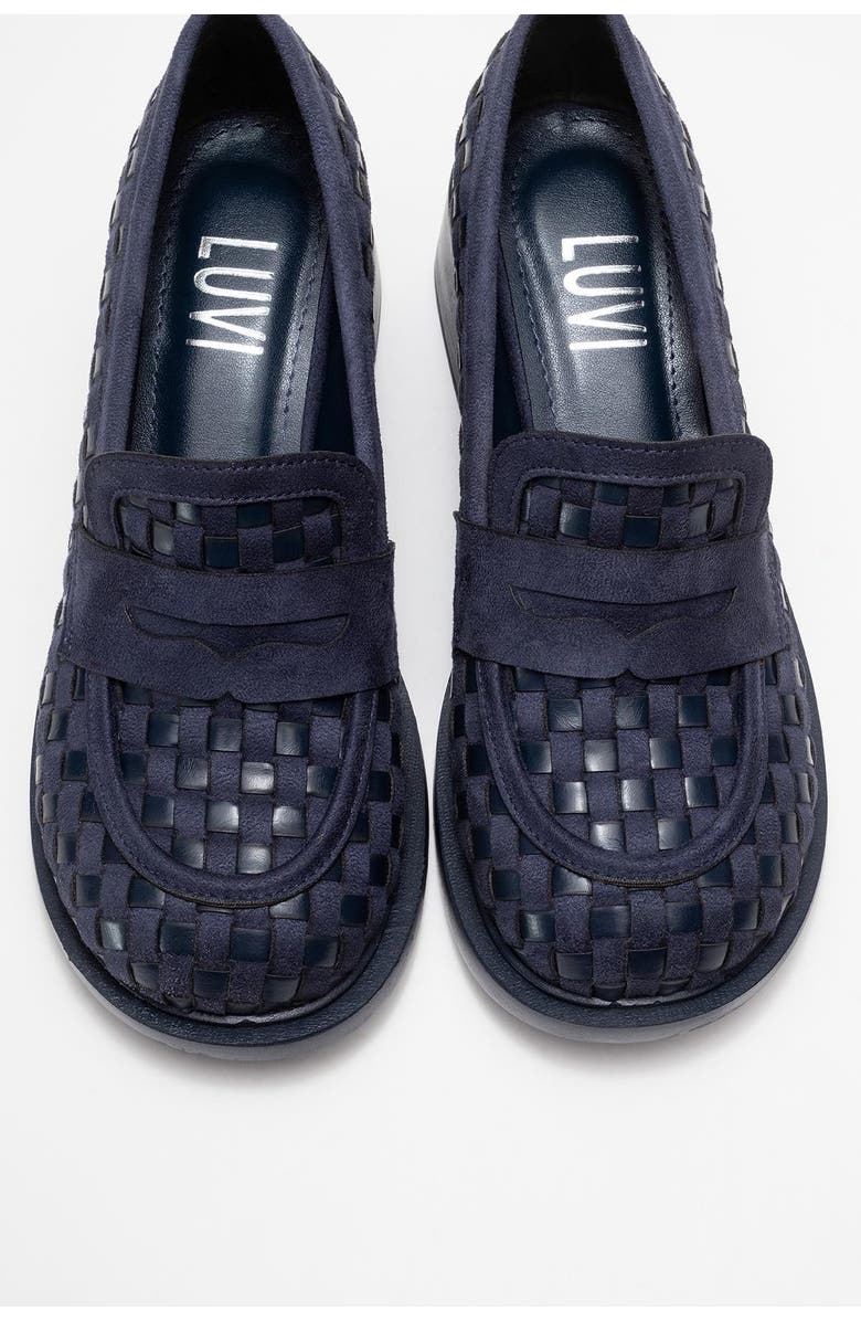 Prologue Shoes Marlon Woven Block Heel Loafer, Alternate, color, Navy Faux Leather