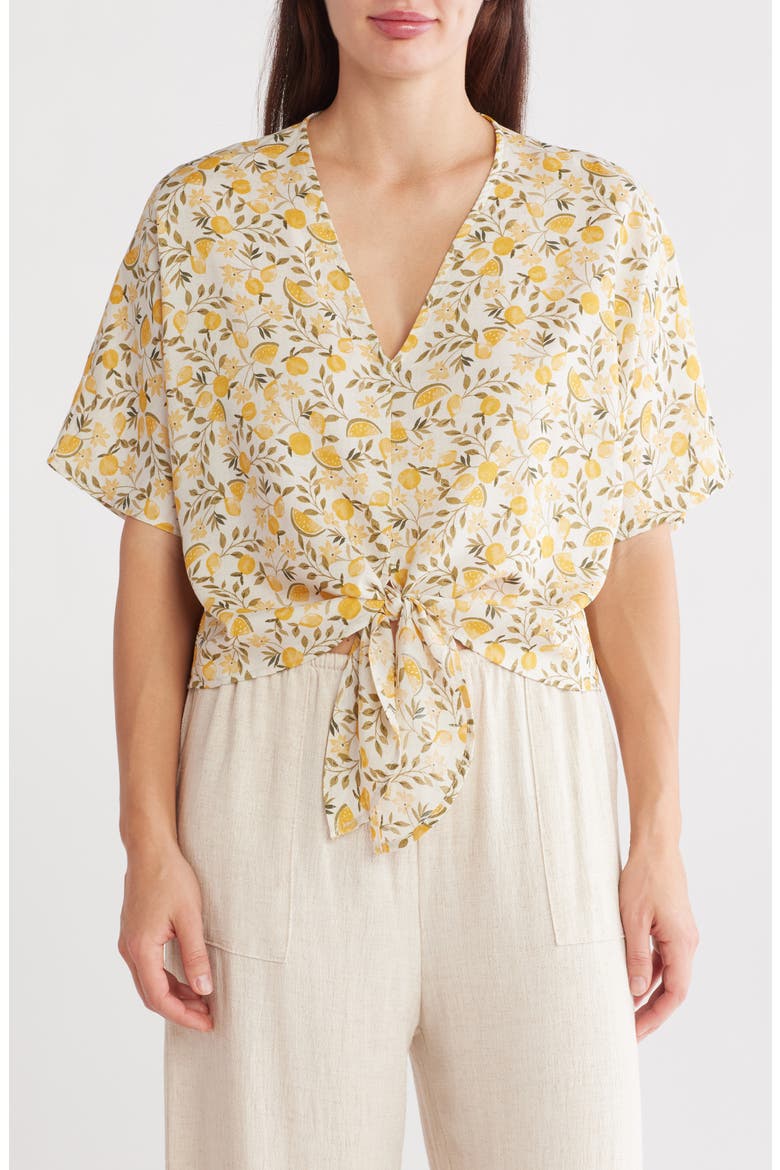 Lemon Print Tie Front Top, Main, color, TAUPE