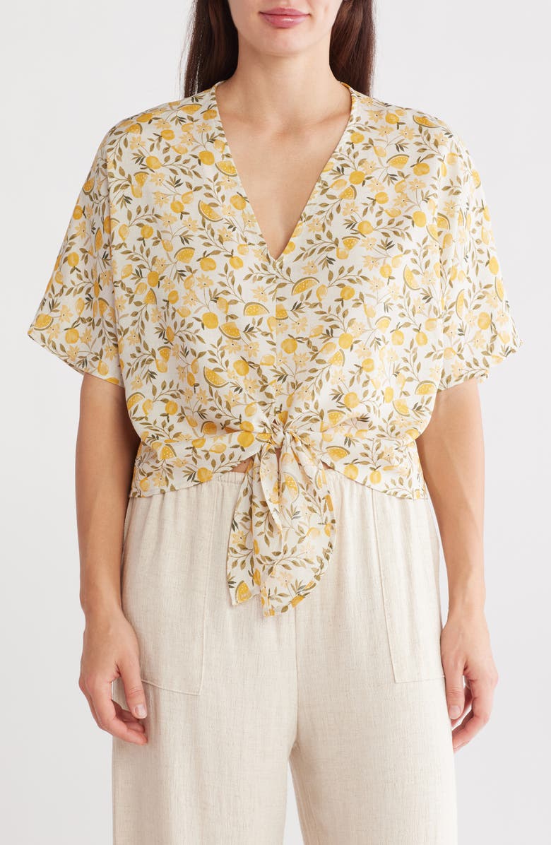Renee C Lemon Print Tie Front Top, Main, color, Taupe