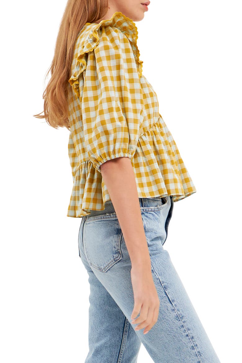 Rickrack Trim Check Top, Alternate, color, MUSTARD