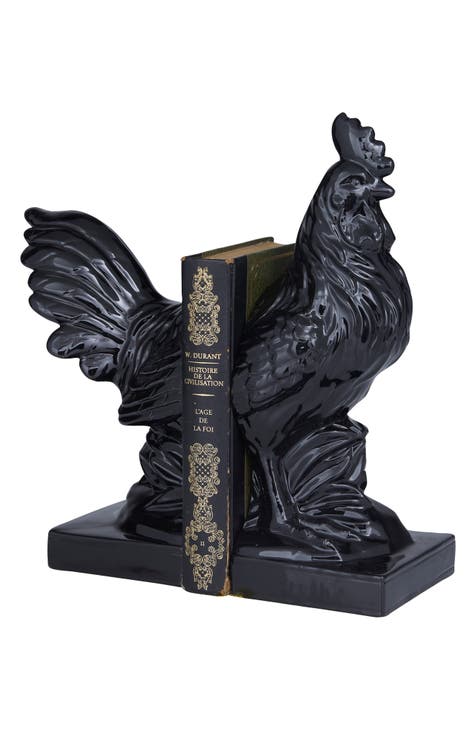 Black Ceramic Rooster Bookends with Enamel Exterior - Set of 2