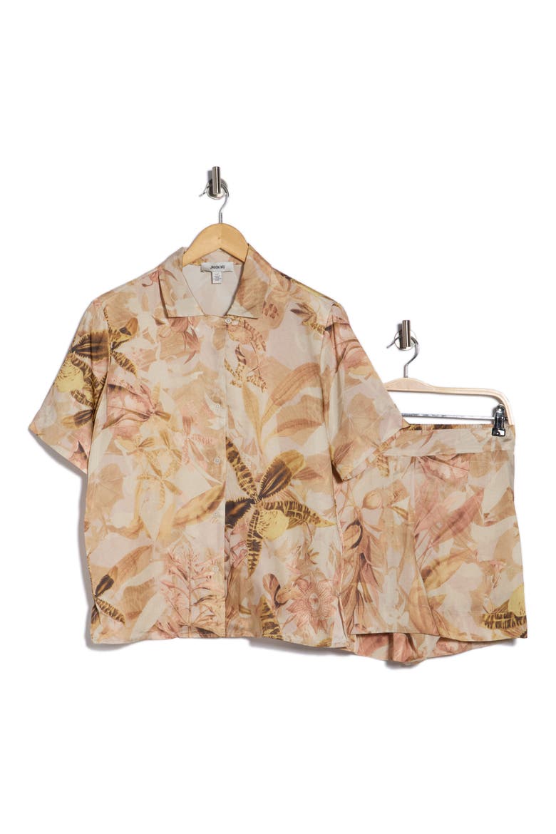 Printed Camp Shirt & Shorts Set, Alternate, color, LIGHT KHAKI TROPCIAL GREEN