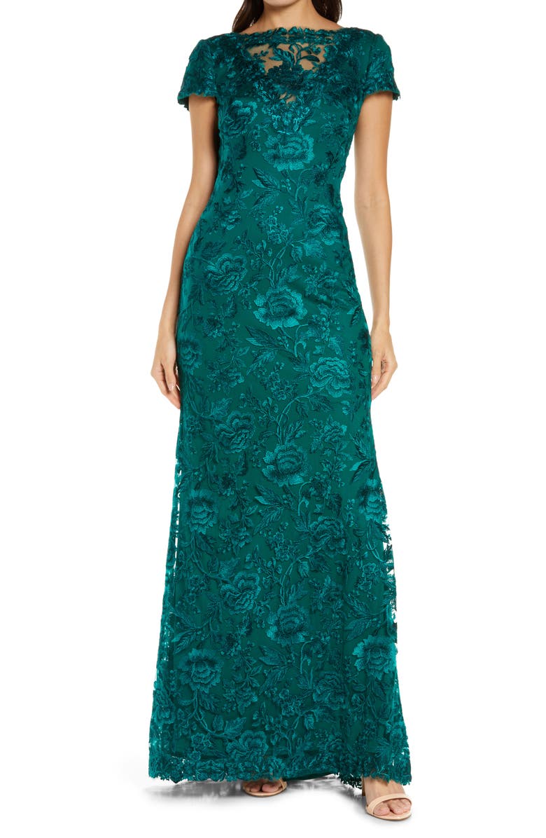 Tadashi Shoji Embroidered Lace Evening Gown, Main, color,
