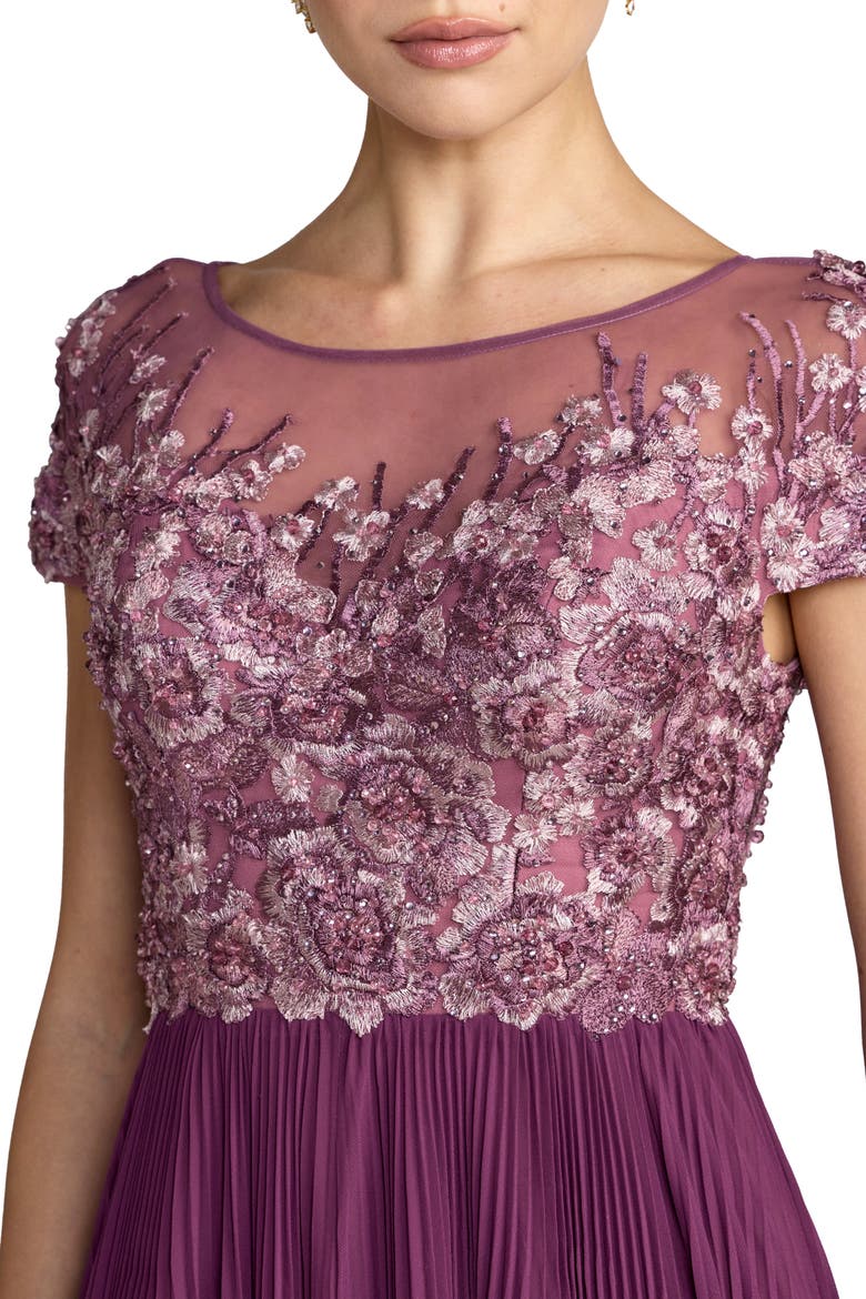 Embroidered Cap Sleeve Pleated Gown, Alternate, color, Plum