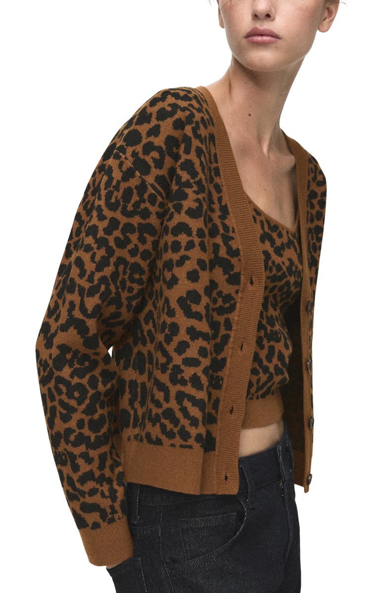 MANGO Leopard Jacquard Cardigan, Main, color, Medium Brown