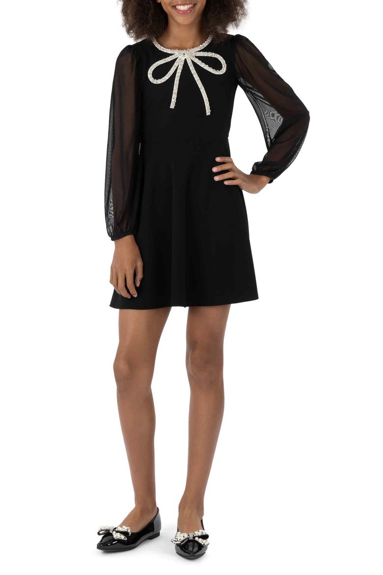 Kids' Beaded Bow Long Sleeve Dress, Alternate, color, BLACK JM