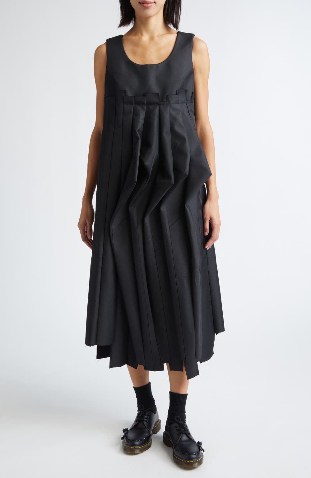 Pleated Gabardine Midi Dress, color, BLACK