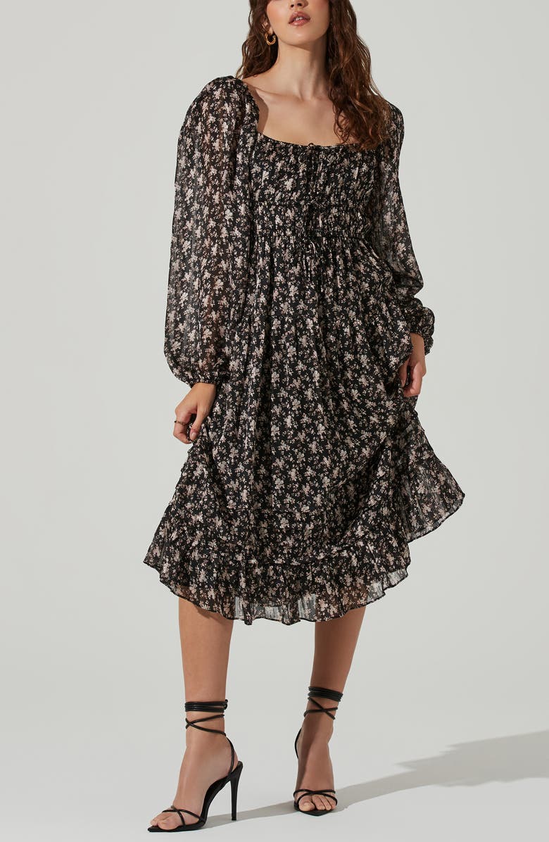 ASTR the Label Floral Long Sleeve Midi Dress, Alternate, color, Black Taup