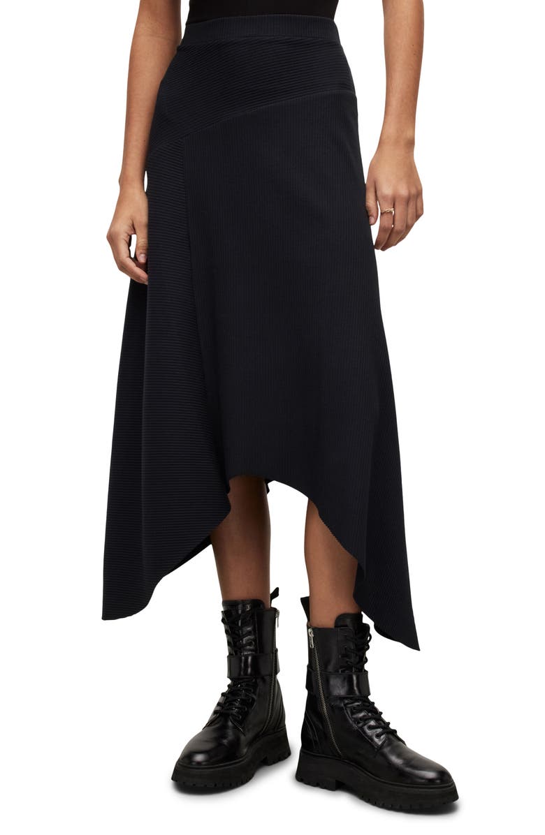 AllSaints Gia Rib Handkerchief Midi Skirt, Main, color, 