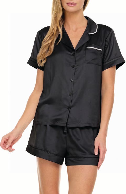 Satin Short Pajamas with Faux Pearl Trim
