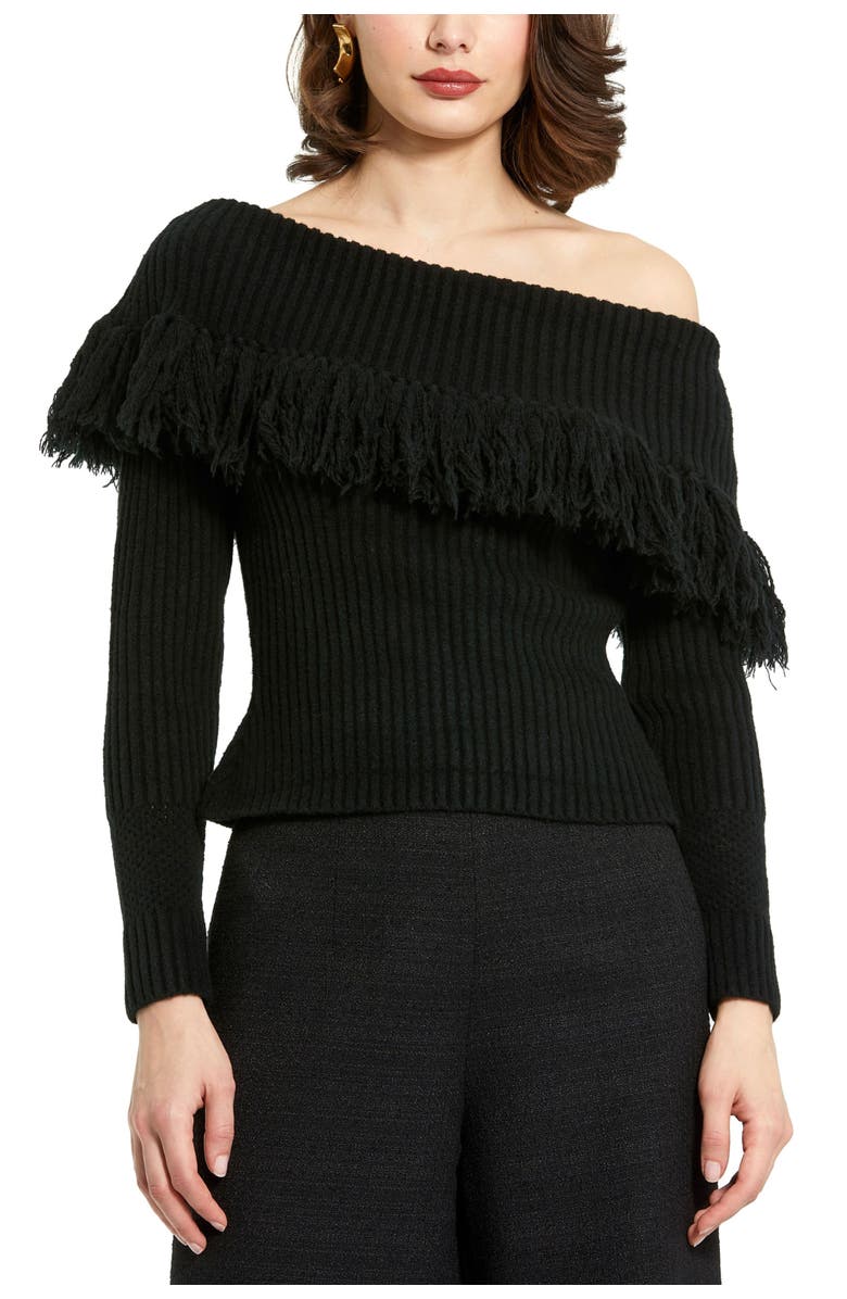 Mac Duggal Off The Shoulder Long Sleeve Fringe Knit Sweater, Main, color, Black