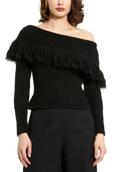 Off The Shoulder Long Sleeve Fringe Knit Sweater