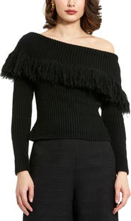 Mac Duggal Off The Shoulder Long Sleeve Fringe Knit Sweater