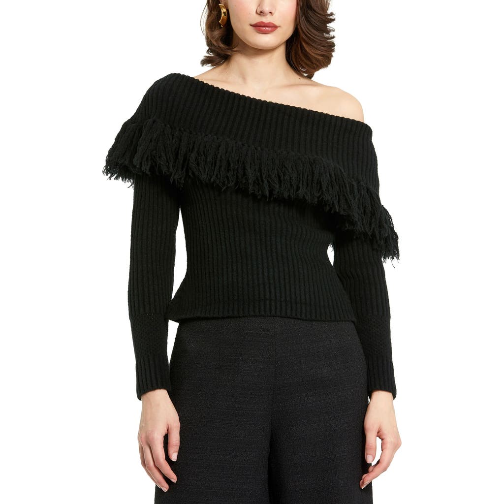 Mac Duggal Off The Shoulder Long Sleeve Fringe Knit Sweater In Black