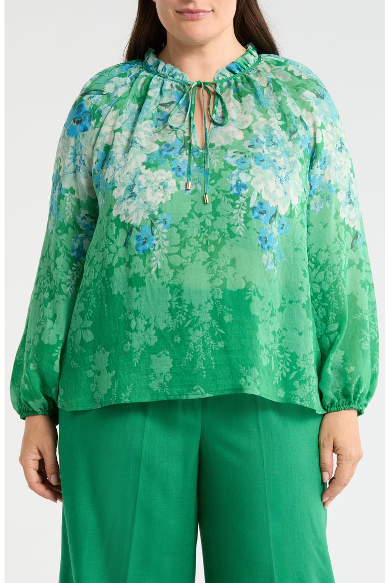 Floral Print Tie Neck Top, Alternate, color, GREEN BLUE