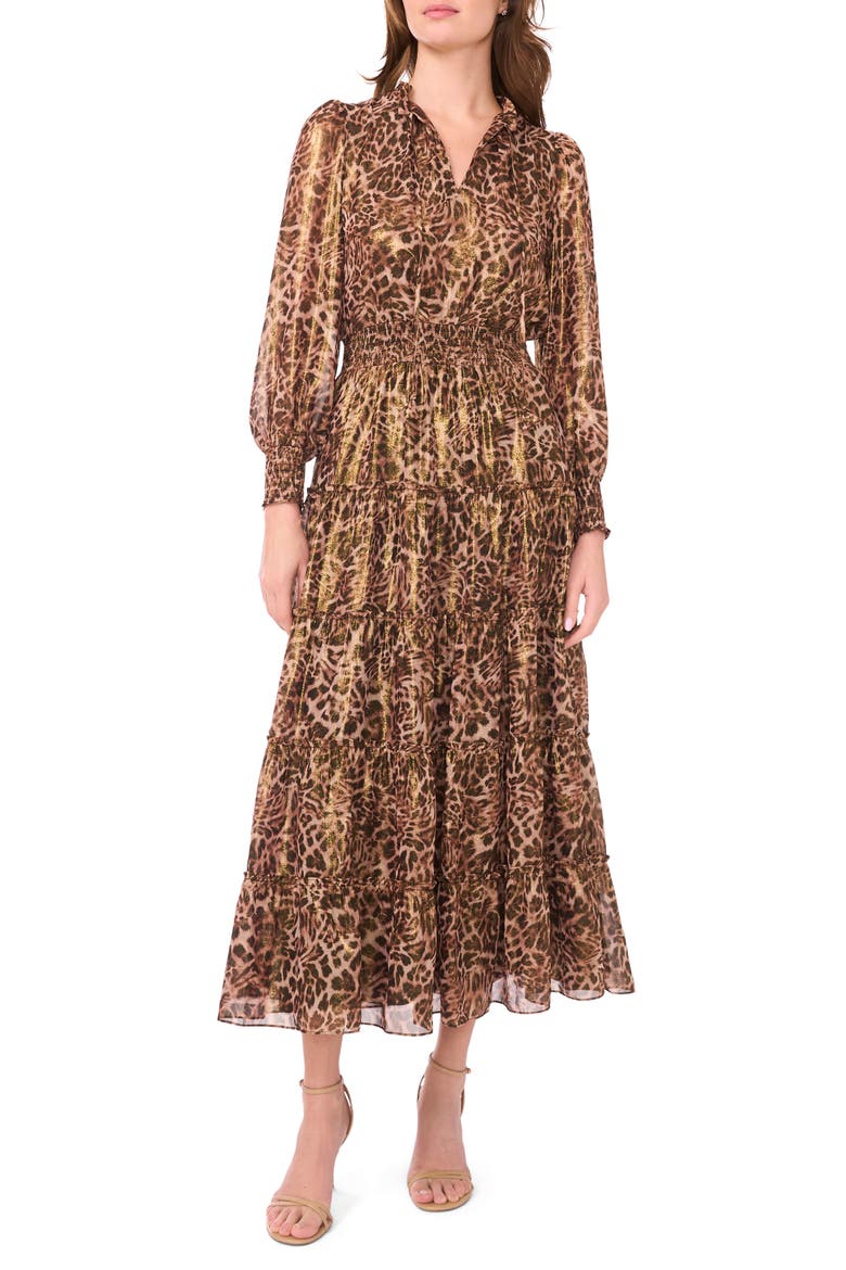 Long Sleeve Tiered Midi Dress, Main, color, BROWNSTONE